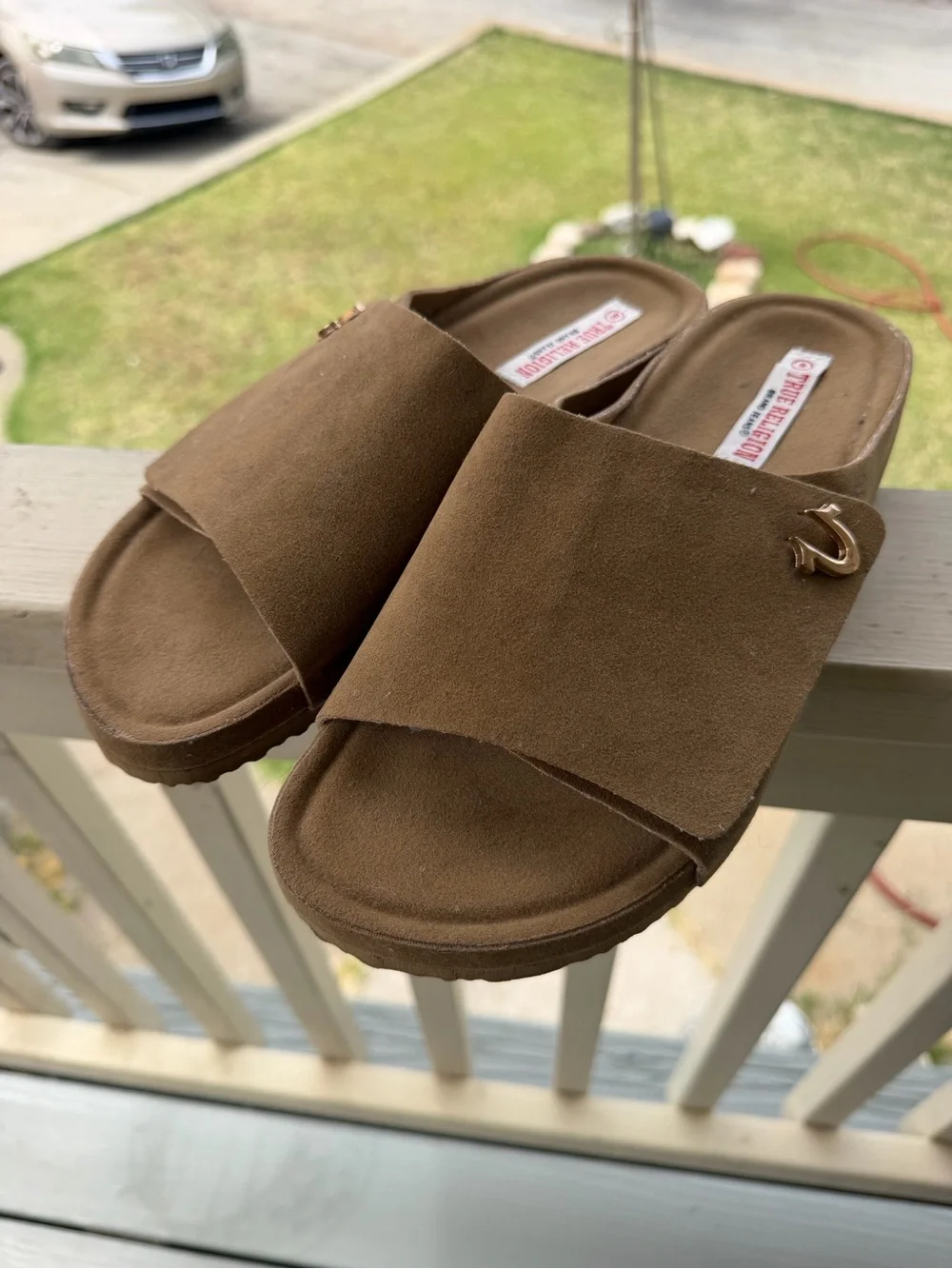 True Religion Suede Slide Sandals in Tan